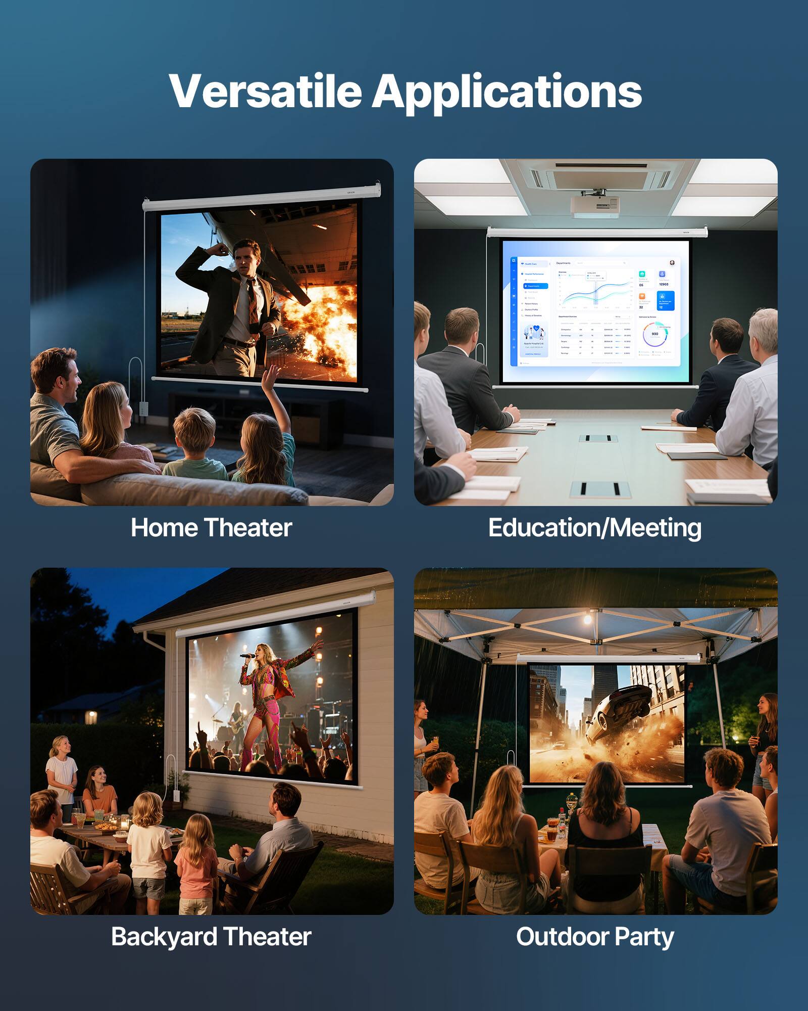 Versatile Applications

- Home Theater
- Education/Meeting
- Backyard Theater
- Outdoor Party