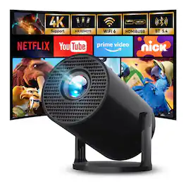 Luckbyte - Smart 4K Portable Projector - Android 14, WiFi 6, BT 5.4, 180° Rotation, Auto Keystone & Short Throw Beamer - Black