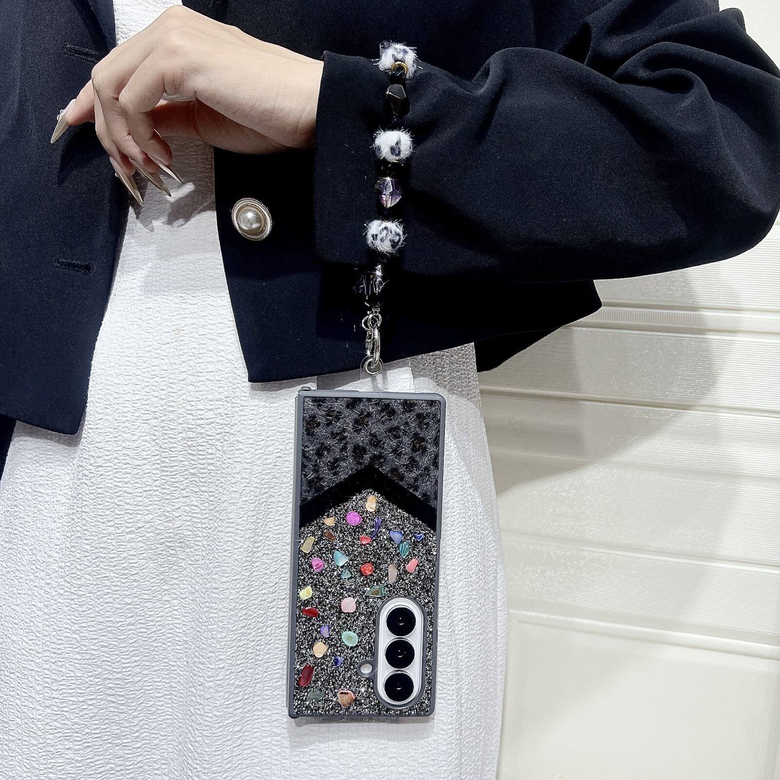 Back. Dteck - Shockproof Phone Case for Samsung Galaxy Z Fold7 with Beaded Wrist Strap, Glitter Rhinestone Hard PC Protective Cover - Black.