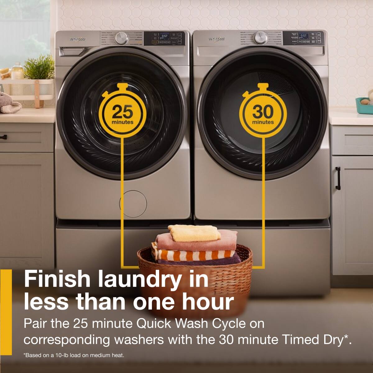 Finish laundry in less than one hour

Pair the 25 minute Quick Wash Cycle on corresponding washers with the 30 minute Timed Dry*.

*Based on a 10-lb load on medium heat.