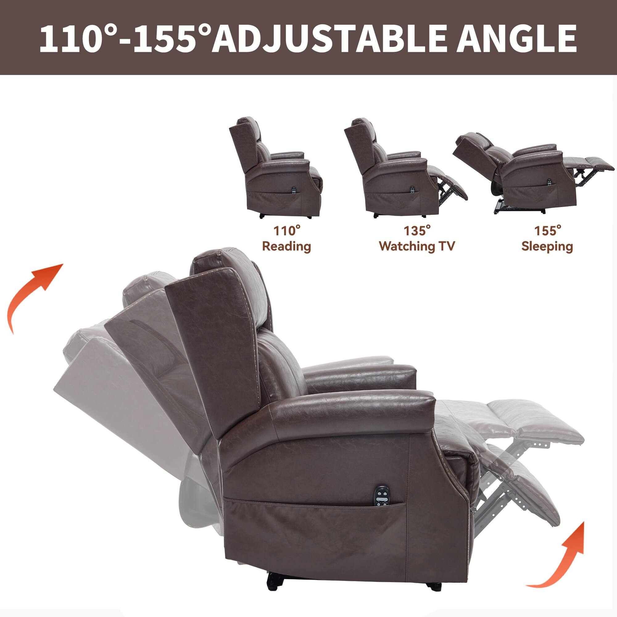 110°-155° ADJUSTABLE ANGLE

110° Reading  
135° Watching TV  
155° Sleeping