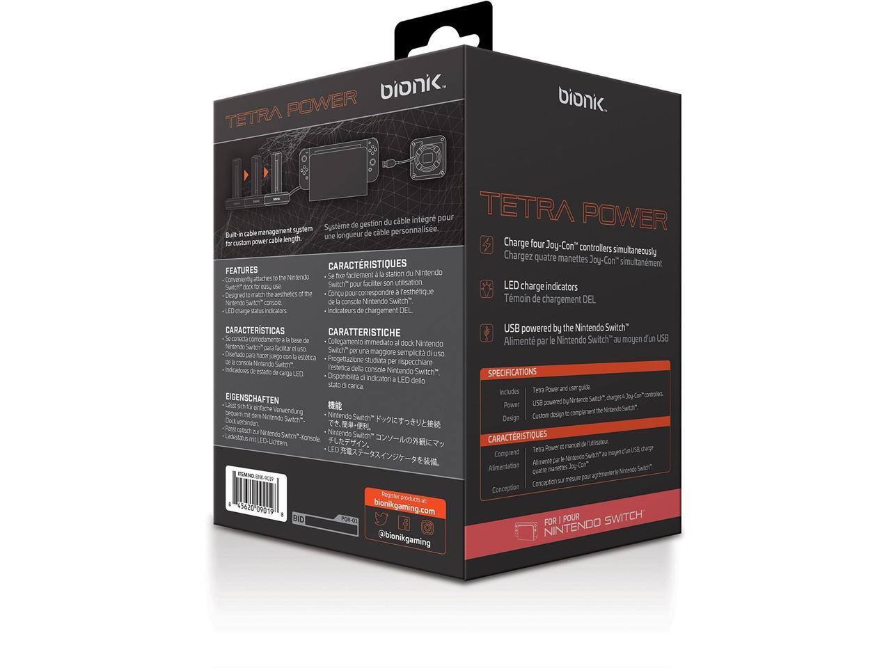**TETRA POWER**  
**bionic.**

---

**Built-in cable management system for custom power cable length.**

**FEATURES**  
- Conveniently attaches to the Nintendo Switch™ dock for easy use.  
- Designed to match the aesthetics of the Nintendo Switch™.  
- LED charge status indicators.

**CARACTERÍSTICAS**  
- Se fija fácilmente a la estación de Nintendo Switch™ para facilitar su uso.  
- Cargador para cuatro manettes Joy-Con™ simultáneamente.  
- Indicadores de carga LED.

**CARATTERISTICHE**  
- Si collega comodamente alla base dock Nintendo Switch™ per facilitare il suo utilizzo.  
- Carica quattro manette Joy-Con™ simultaneamente.  
- Indicatore di carica LED.

**CARACTERÍSTICAS**  
- Se conecta cómodamente a la base dock Nintendo Switch™ para facilitar su uso.  
- Carga cuatro manettes Joy-Con™ simultáneamente.  
- Indicadores de estado de carga LED.

**EIGENSCHAFTEN**  
- Lese einfach an der Nintendo Switch™-Dock an.  
- Passt perfekt