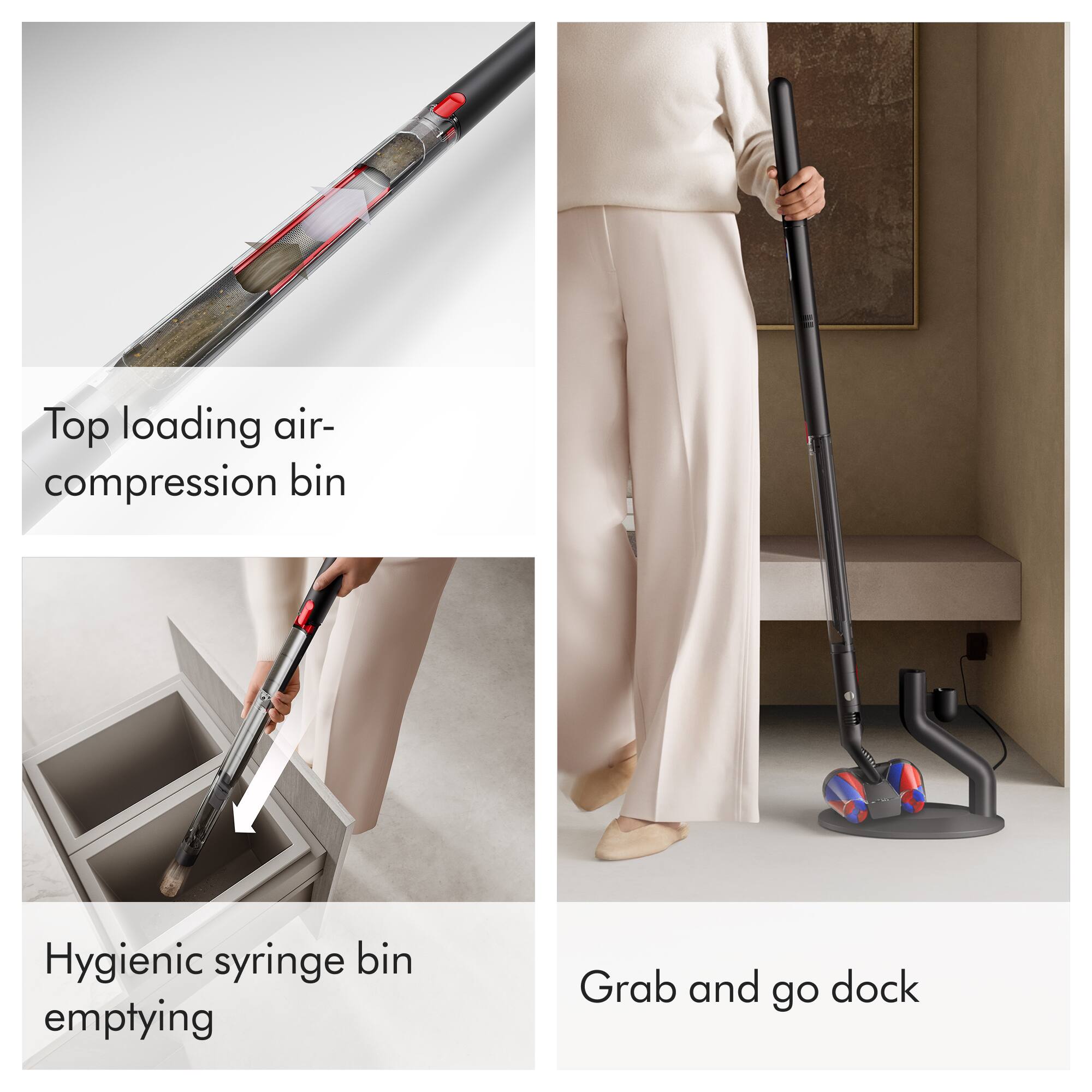 Top loading air-compression bin  
Hygienic syringe bin emptying  
Grab and go dock