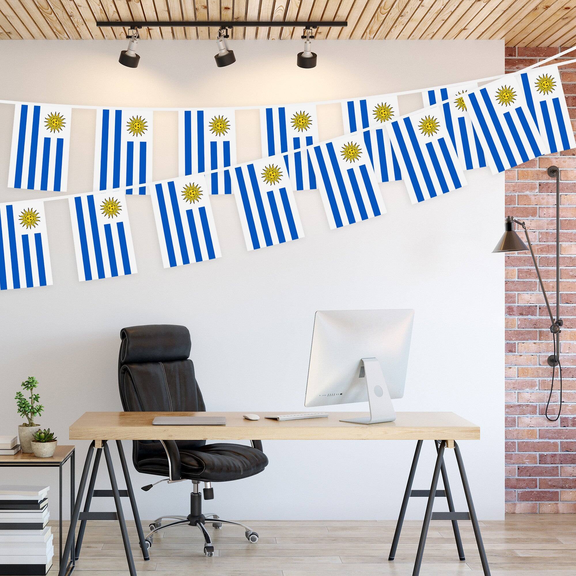 Left. G128 - Uruguay Bunting Banner 33 ft — 38 Mini Flags (8.2 x 5.5 in), 150D Polyester. - Assorted Colors.