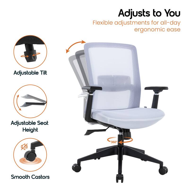 Adjusts to You  
Flexible adjustments for all-day ergonomic ease  
Adjustable Tilt  
Adjustable Seat Height  
360° Smooth Castors