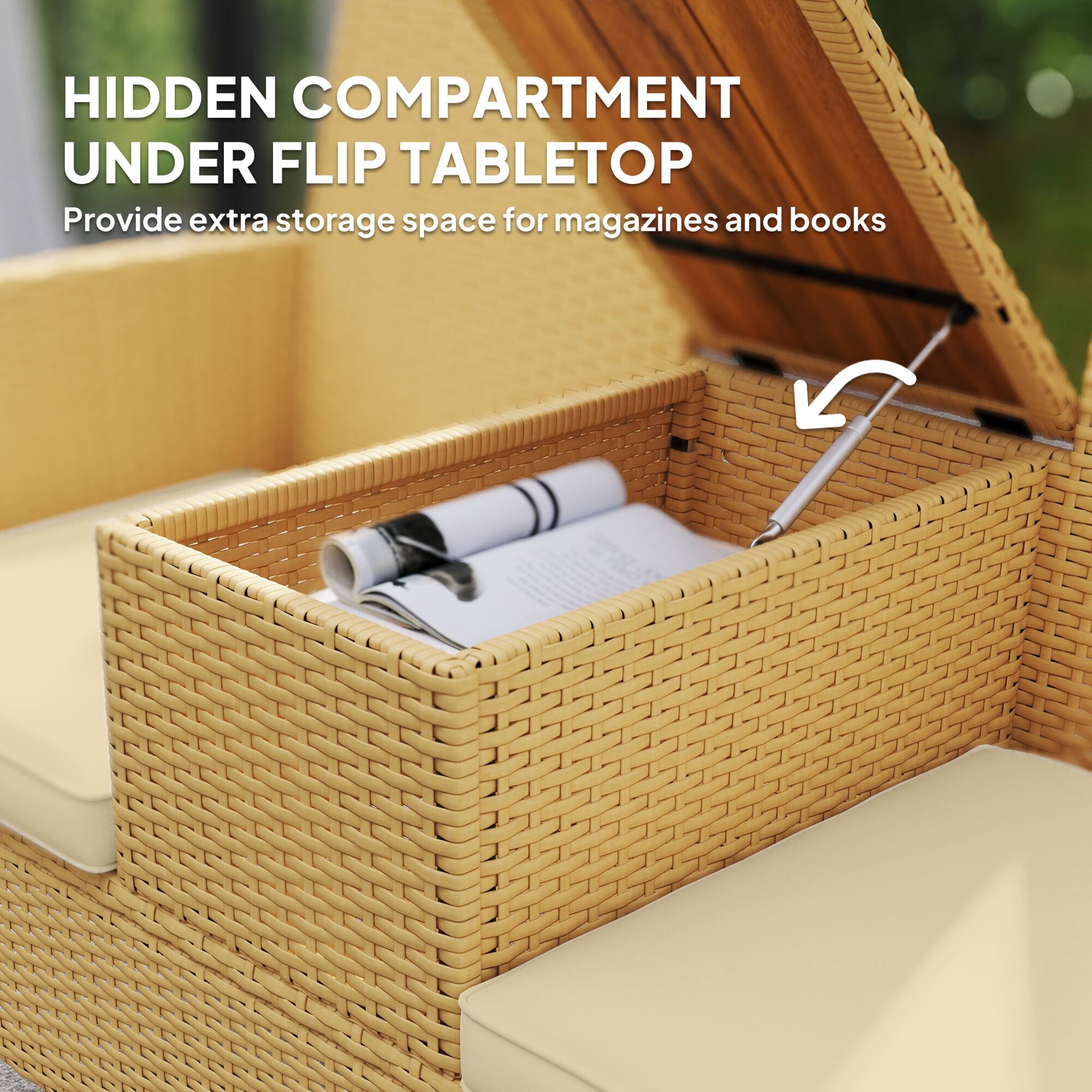 HIDDEN COMPARTMENT UNDER FLIP TABLETOP  
Provide extra storage space for magazines and books