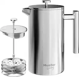 MuellerLiving - French Press Coffee Maker 34oz, Stainless Steel, 4 Filter Heat Resistant Double Insulated, Rust-Free, Food Grade - Silver