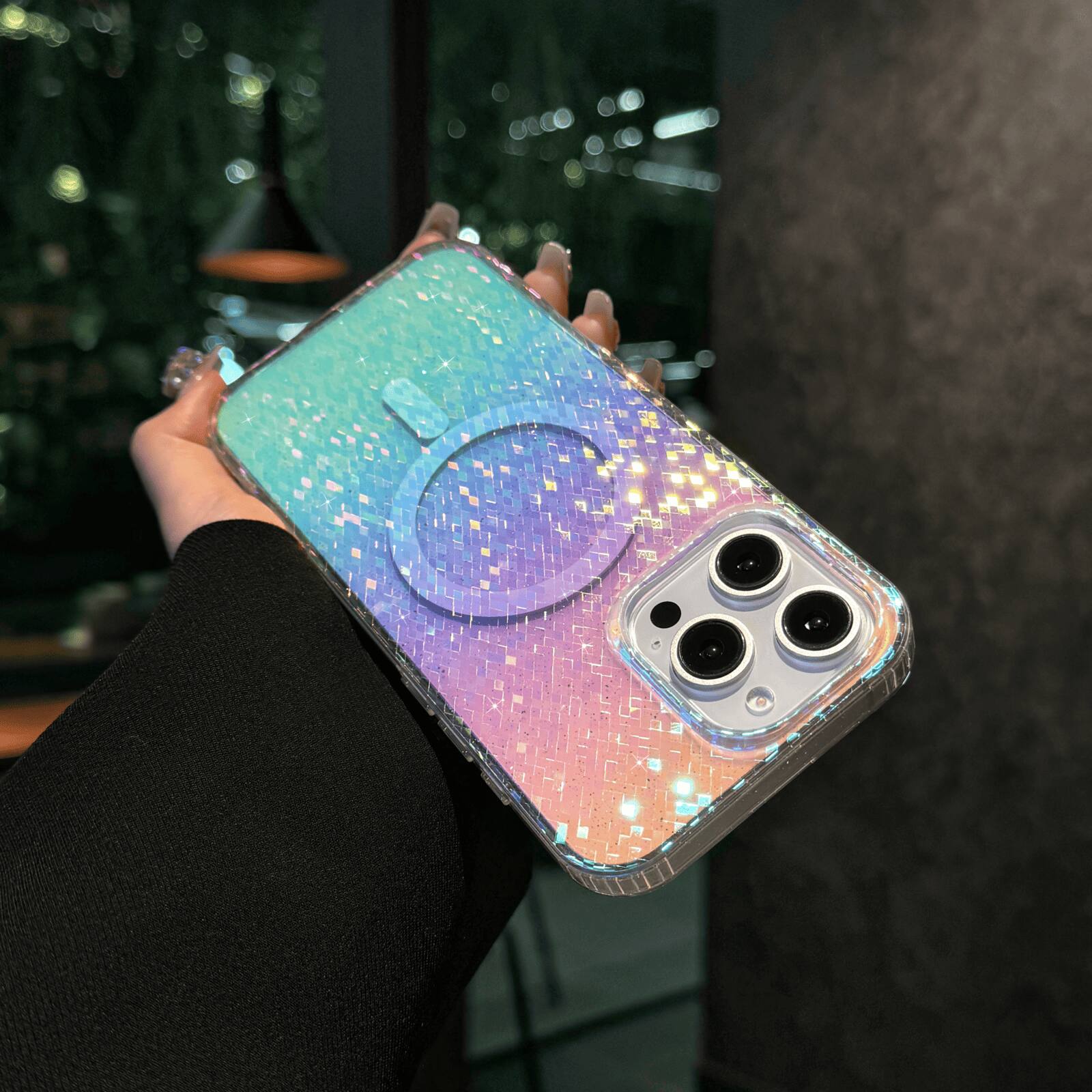 Angle. UUCOVER - For Apple iPhone 16 Pro Glitter Magnetic Case, Compatible with Magsafe, Colorful Gradient Bling Transparent Phone Cover - D.