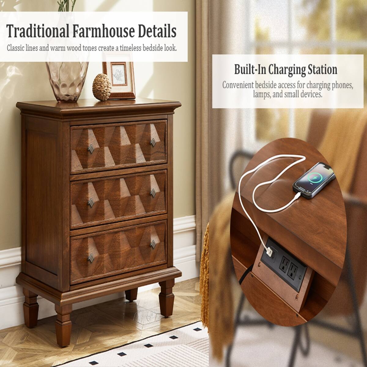 Traditional Farmhouse Details  
Classic lines and warm wood tones create a timeless bedside look.  

Built-In Charging Station  
Convenient bedside access for charging phones, lamps, and small devices.