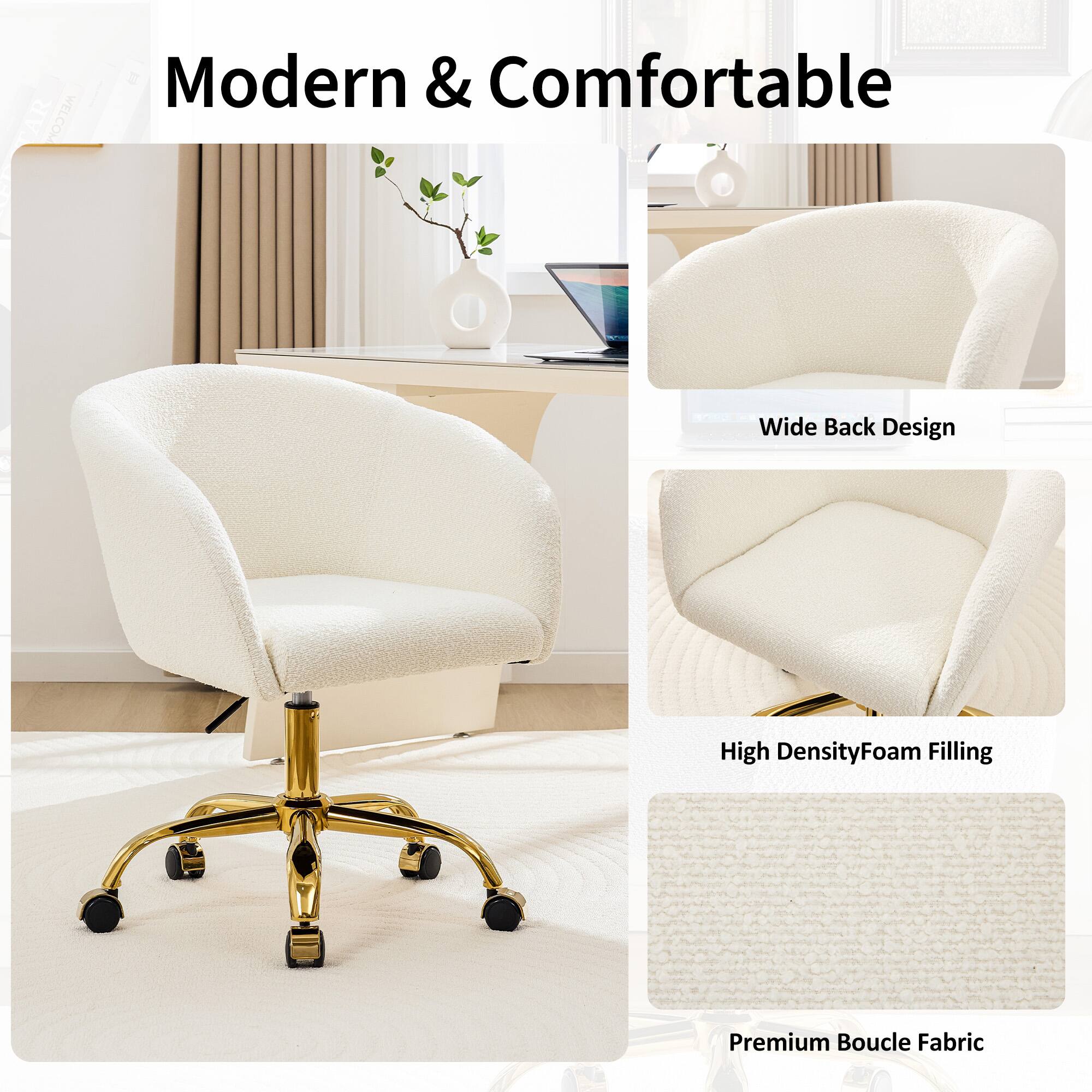 Modern & Comfortable

- Wide Back Design
- High Density Foam Filling
- Premium Boucle Fabric