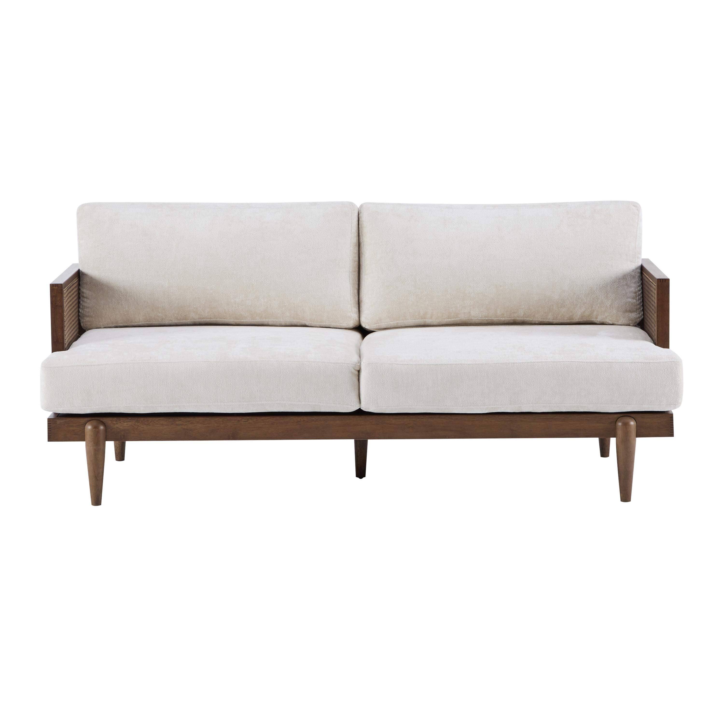 Front. Roomtec - EMIR 72 inch Square Arm 3Seater Boucle Sofa with Cane Rattan and Wooden FrameWalnutLiving RoomsBedroomsApartment Office - Walnut.