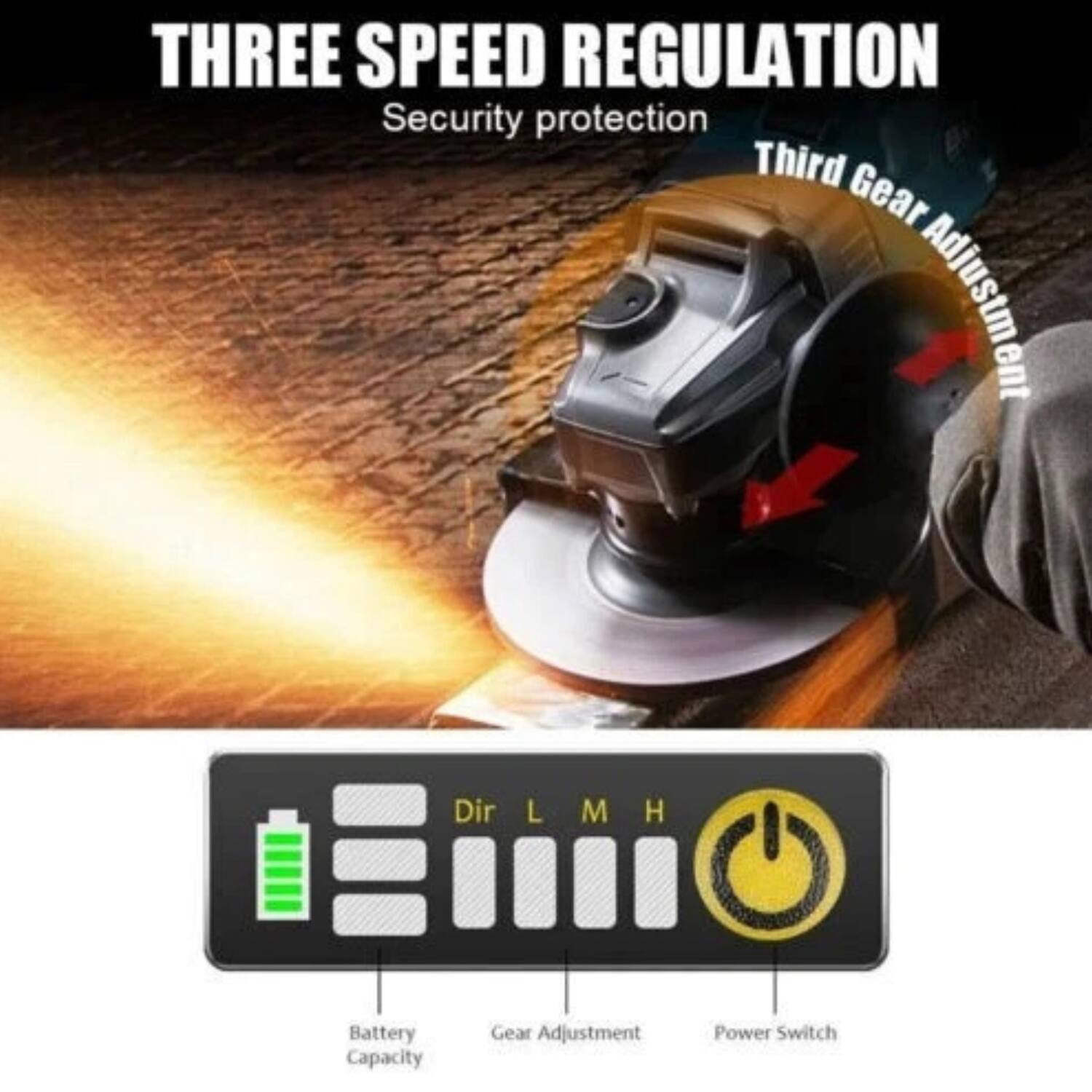 THREE SPEED REGULATION  
Security protection  

Third Gear Adjustment  

Dir L M H  

Battery Capacity  
Gear Adjustment  
Power Switch