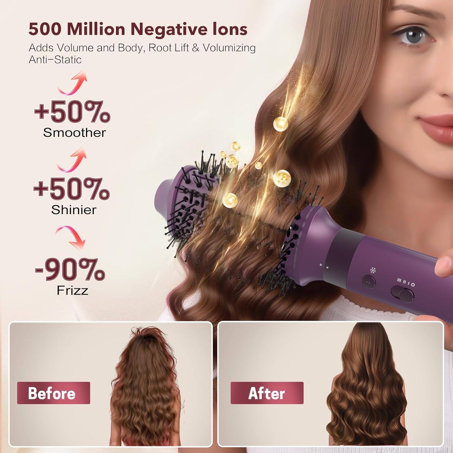 500 Million Negative Ions  
Adds Volume and Body, Root Lift & Volumizing Anti-Static  
+50% Smoother  
+50% Shinier  
-90% Frizz  

Before  
After