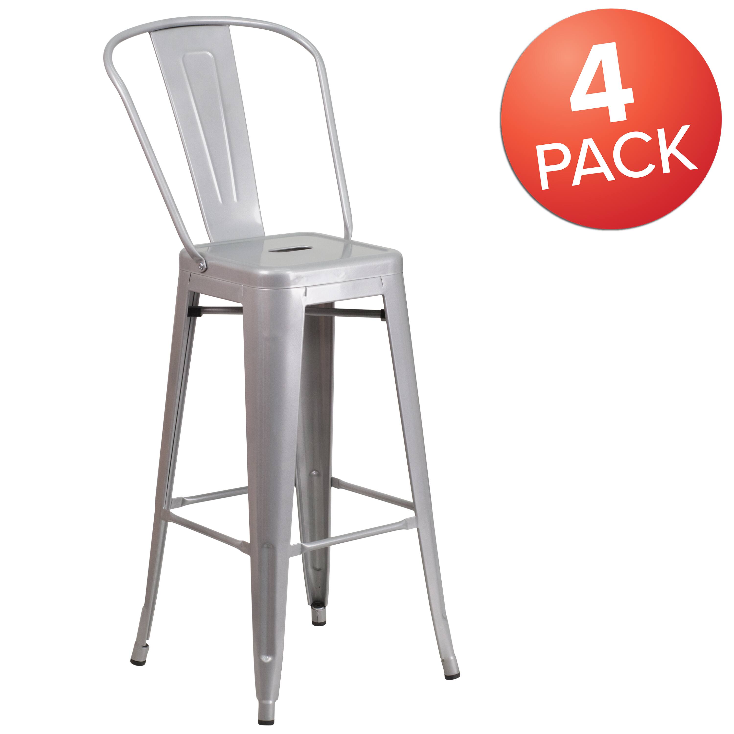 Alt View 1. Emma + Oliver - Commercial Grade 4 Pack 30" High Metal Indoor-Outdoor Barstool with Back - Silver.