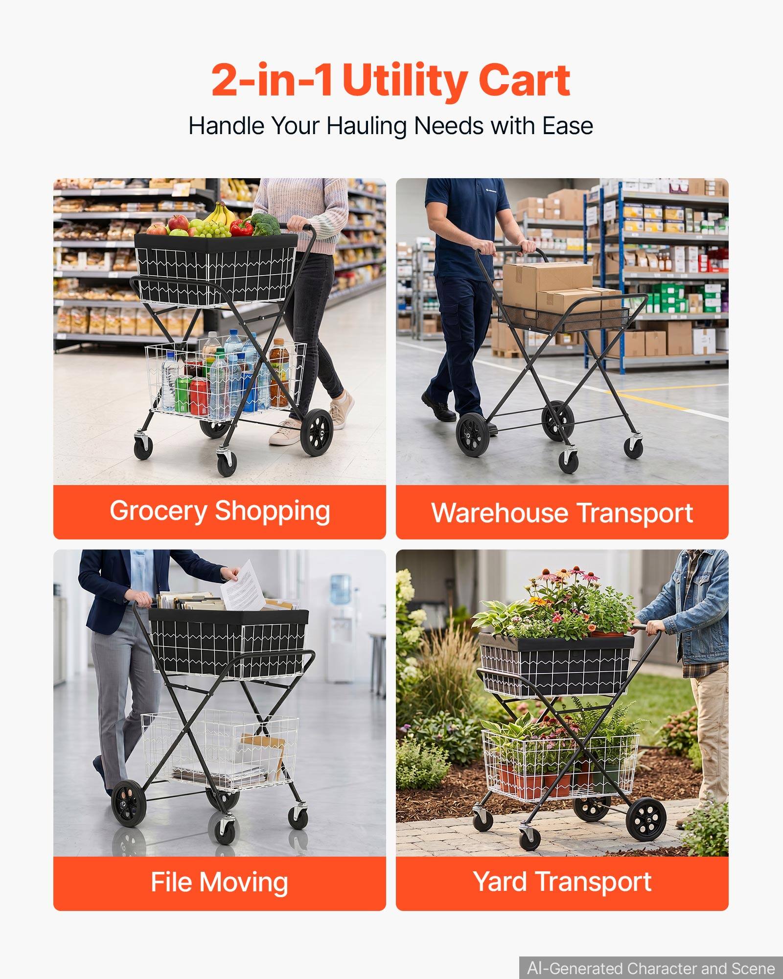 2-in-1 Utility Cart  
Handle Your Hauling Needs with Ease  

Grocery Shopping  
Warehouse Transport  
File Moving  
Yard Transport  

AI-Generated Character and Scene