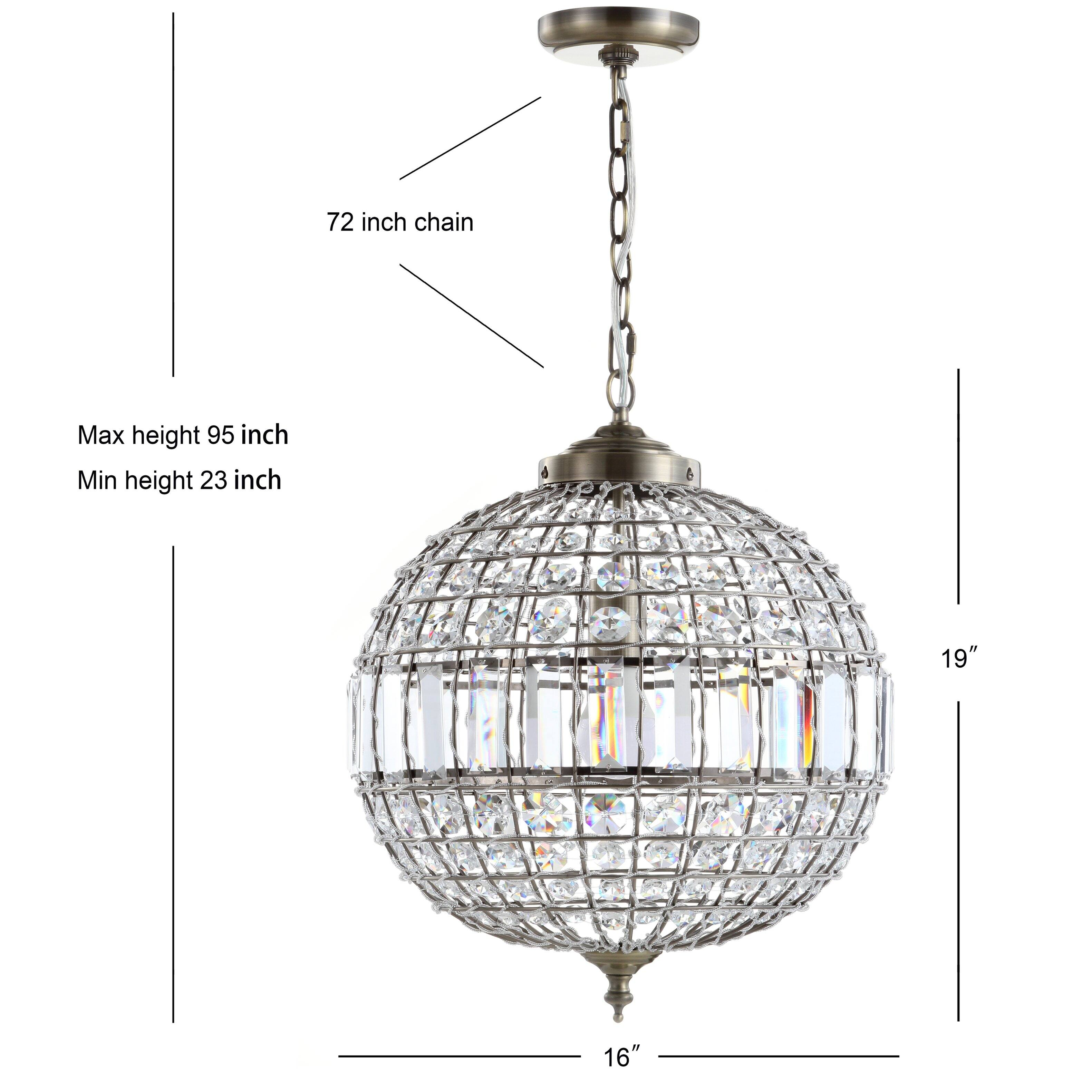 72 inch chain  
Max height 95 inch  
Min height 23 inch  
19"  
16"