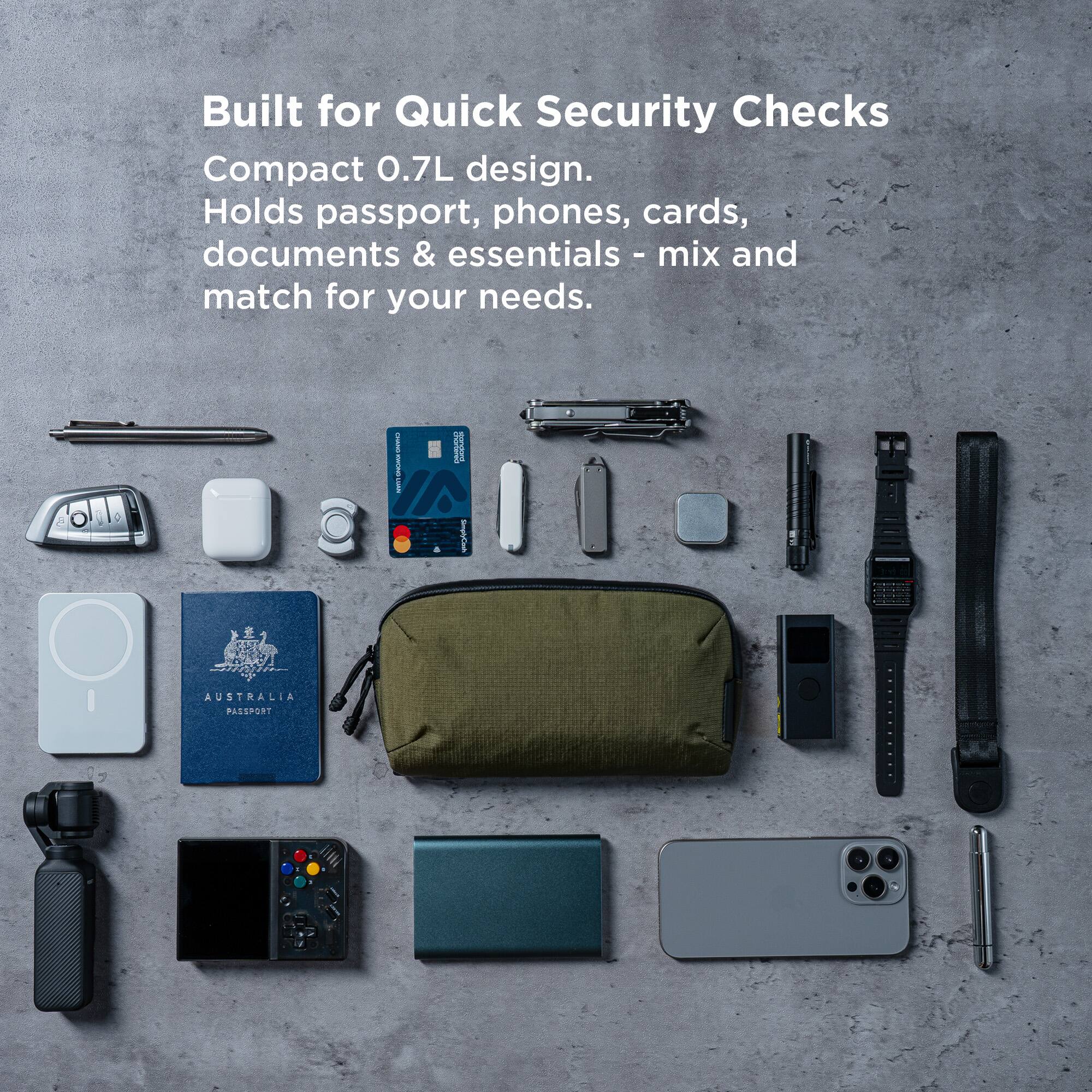 Built for Quick Security Checks  
Compact 0.7L design.  
Holds passport, phones, cards, documents & essentials - mix and match for your needs.  

AUSTRALIA PASSPORT