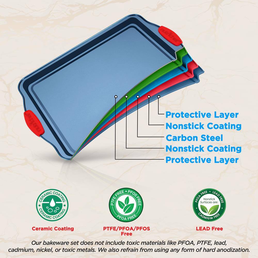 **Protective Layer**  
**Nonstick Coating**  
**Carbon Steel**  
**Nonstick Coating**  
**Protective Layer**  

**Ceramic Coating**  
**PTFE/PFOA/PFOS Free**  
**LEAD Free**  

Our bakeware set does not include toxic materials like PFOA, PTFE, lead, cadmium, nickel, or toxic metals. We also refrain from using any form of hard anodization.