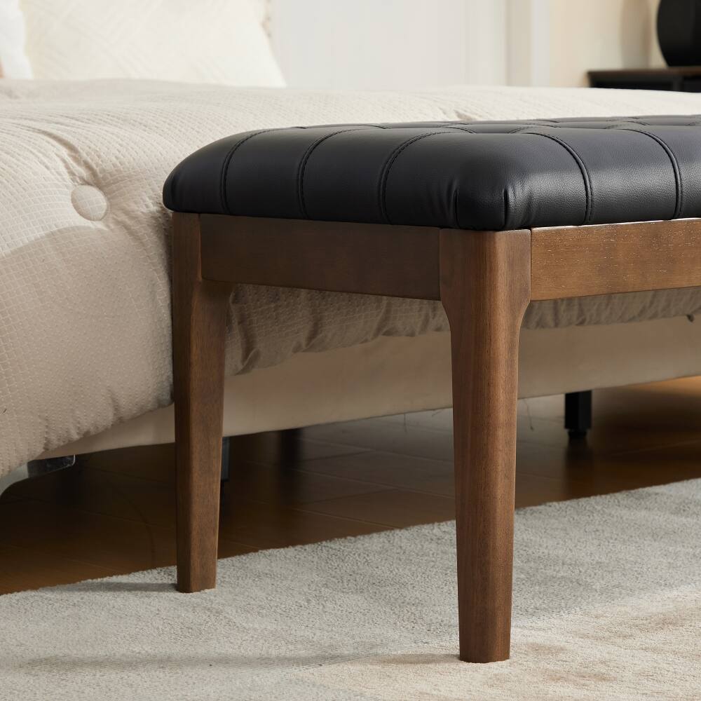 Alt View 6. Ropilly - Ropilly 66 Inch Black Faux Leather End of Bed Bench, Button Tufted Upholstered Entryway Shoe Bench with Wood Legs - Black.