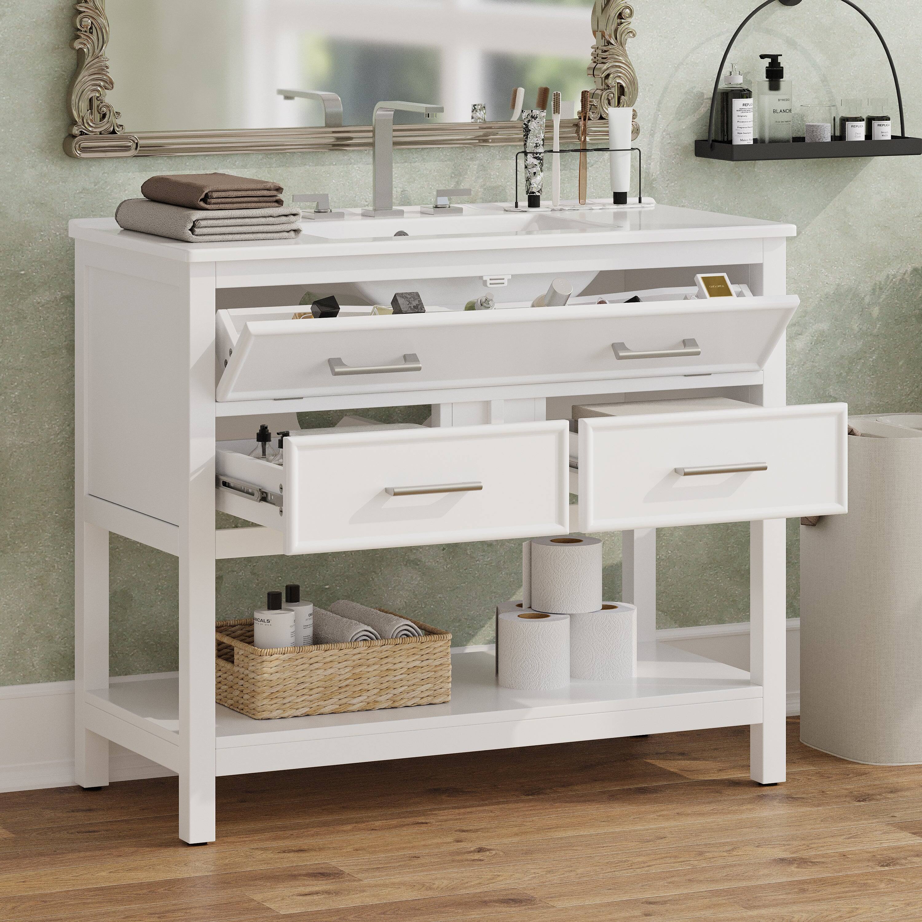 Angle. Boyel Living - 36 Inch Bathroom Vanity with Ceramic Sink Tip Out Tray Full Extension Drawers Soft Close White - White.