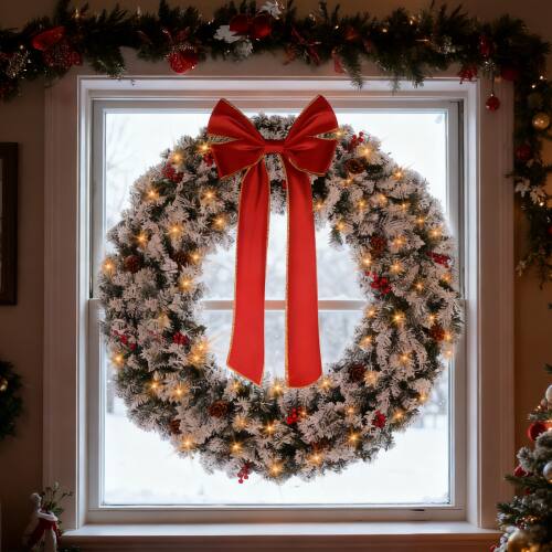 Alt View 10. Winado - Christmas Pre-lit Snow Flocked 48in Wreath with LED Lights, DIY Ornaments for Indoor Outdoor Holiday Party Decorations - Snowy Green.