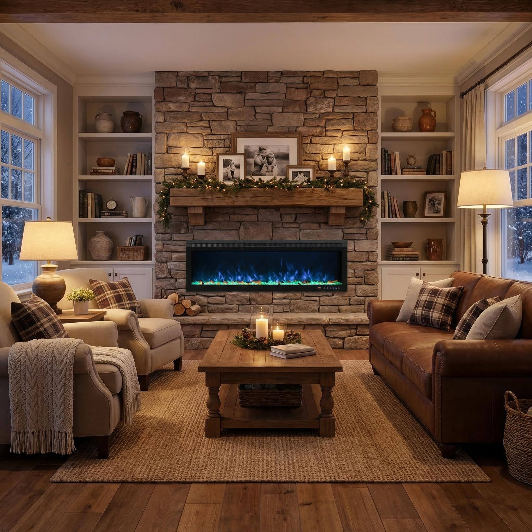 Left. Mondawe - 50" Linear Recessed-in Electric Fireplace with Remote Control, Adjustable Heat & Timer - Black.