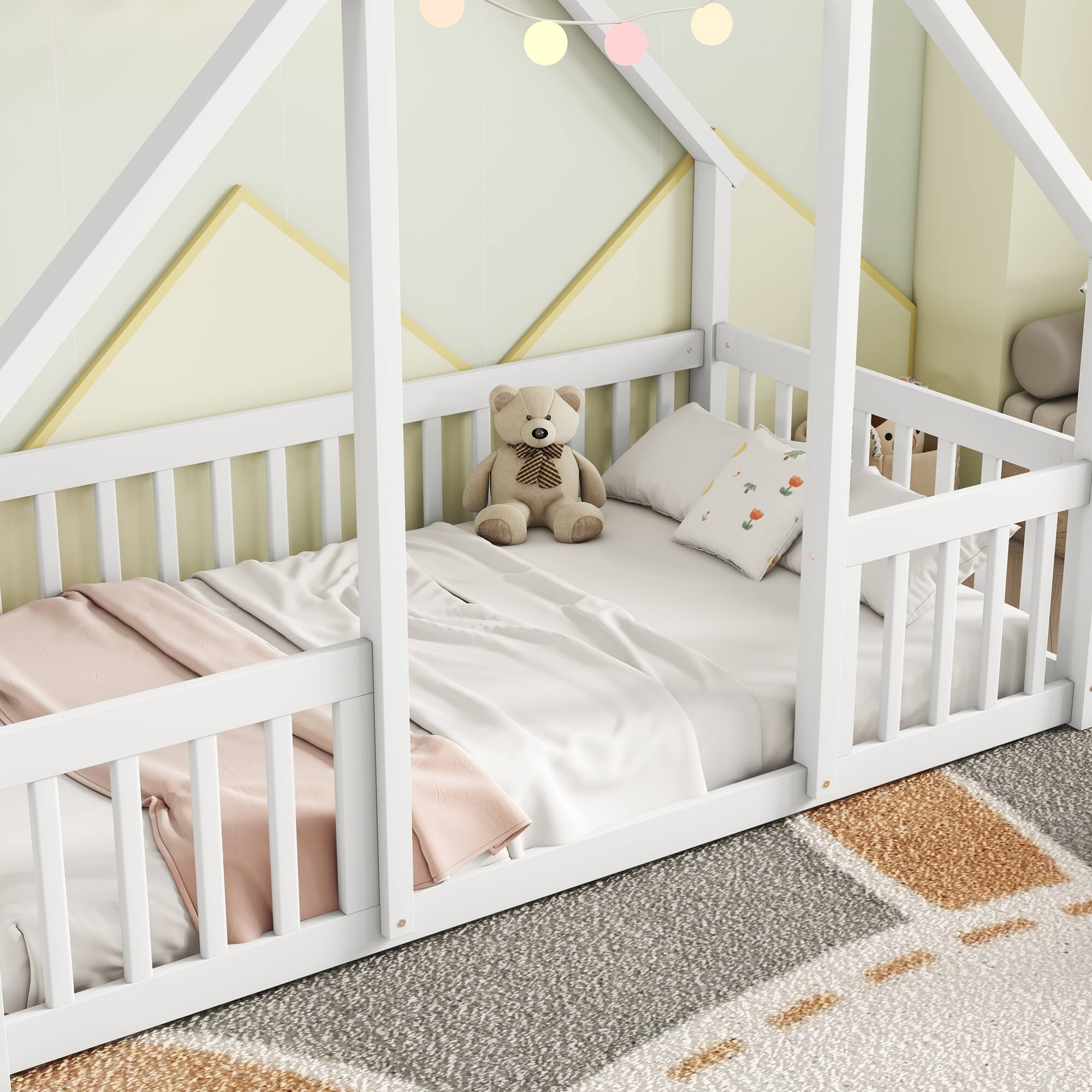 Alt View 7. GOODSILO - House-Shaped Twin Floor Bed with Safety Fence and Guardrails for Children's Playful Sleep Space - White.