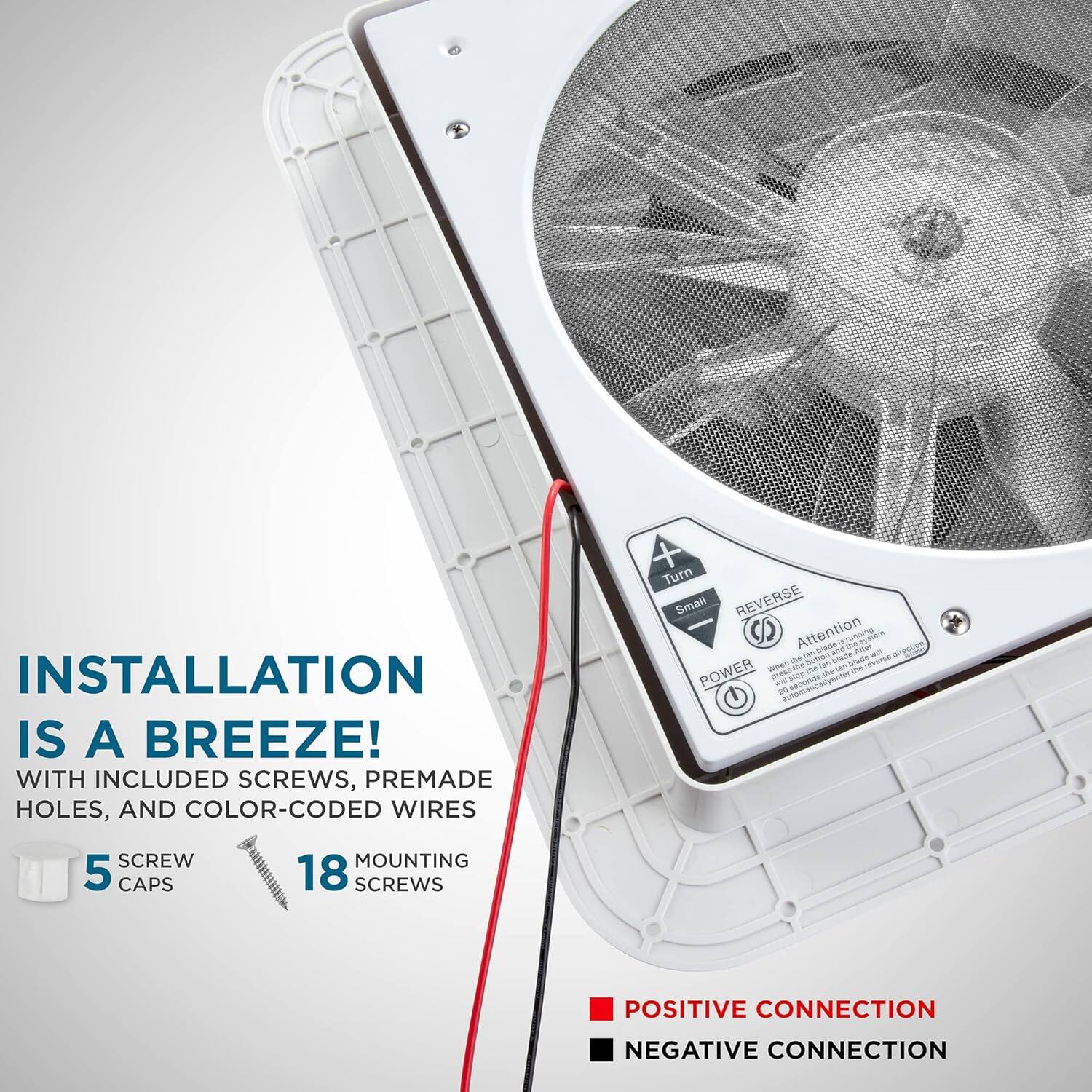 INSTALLATION IS A BREEZE! WITH INCLUDED SCREWS, PREMADE HOLES, AND COLOR-CODED WIRES SCREW MOUNTING 5 CAPS 18 SCREWS + Turn Smai REVERSE Attention POSITIVE CONNECTION NEGATIVE CONNECTION