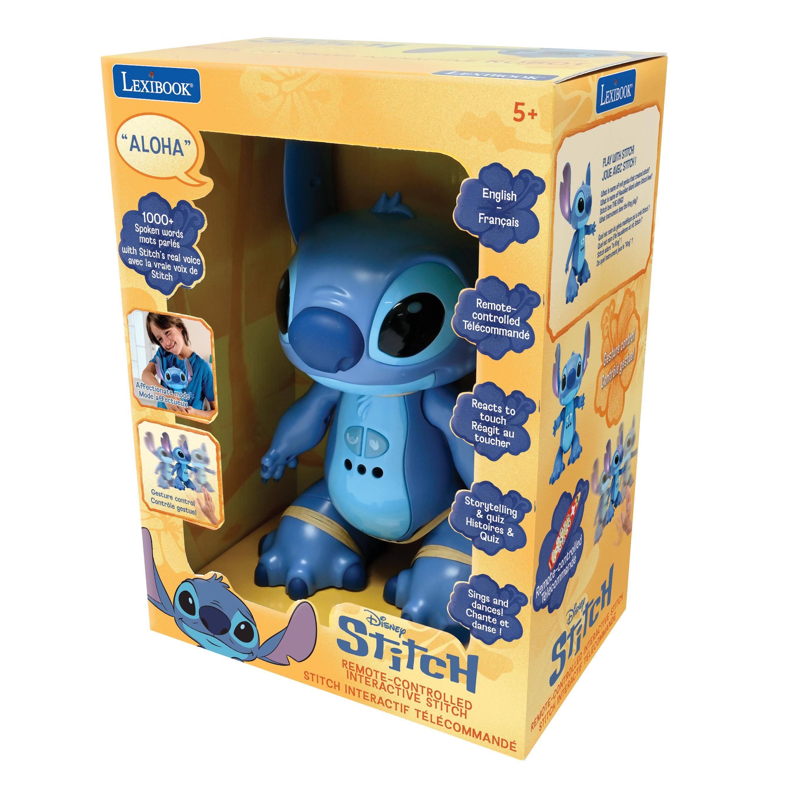 LEXIBOOK "ALOHA"  
1000+ Spoken words mots paroles with Stitch's real voice aVG a vraie voix de Stitch  
5+ English Français  
LETSROOS Us STEP U TR OE A an - - an ma add J M 4 - Mode Metande 1 UT  
NE Remote-controlled Télécommandé Reacts to touch Réagit au toucher  
I Aedr Gaxe de Oestuare Controls  
Instvng Storytelling & quiz Histoires & Quiz Sings and dances Chante et danse  
STITCH REMOTE-CONTROLLED INTERACTIF STITCH TÉLÉCOMMANDÉ