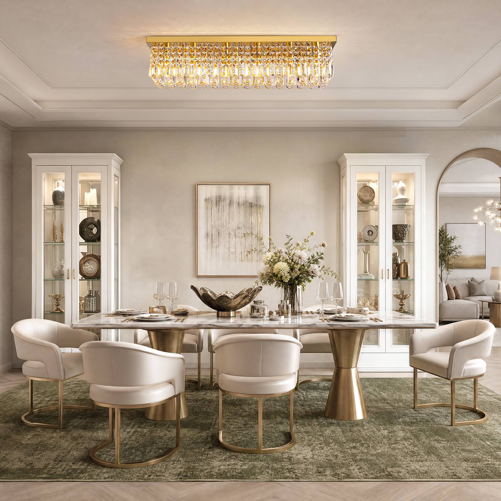 Alt View 3. Siljoy - 31.5" 6-Light Gold Linear K9 Crystal Chandelier, Flush Mount Dimmable E12 Ceiling Light for Dining Kitchen Living Room - Gold.