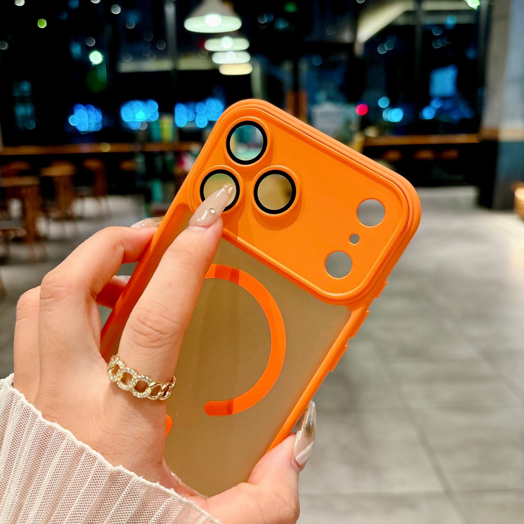 Angle. UUCOVER - For Apple iPhone 17 Pro Max Magnetic Case with Built-in Camera Lens Protector Cover, Compatible with MagSafe Matte Cover - Orange.