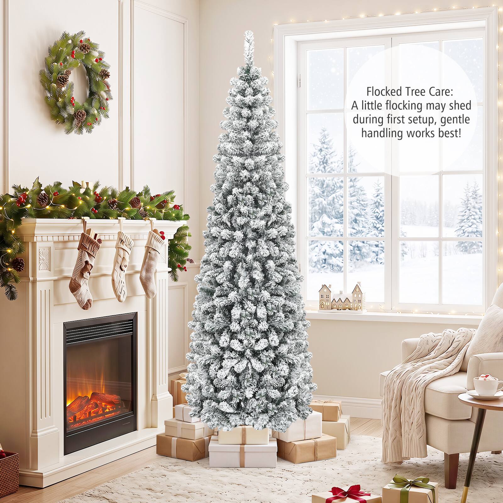 Flocked Tree Care: A little flocking may shed during first setup, gentle handling works best!