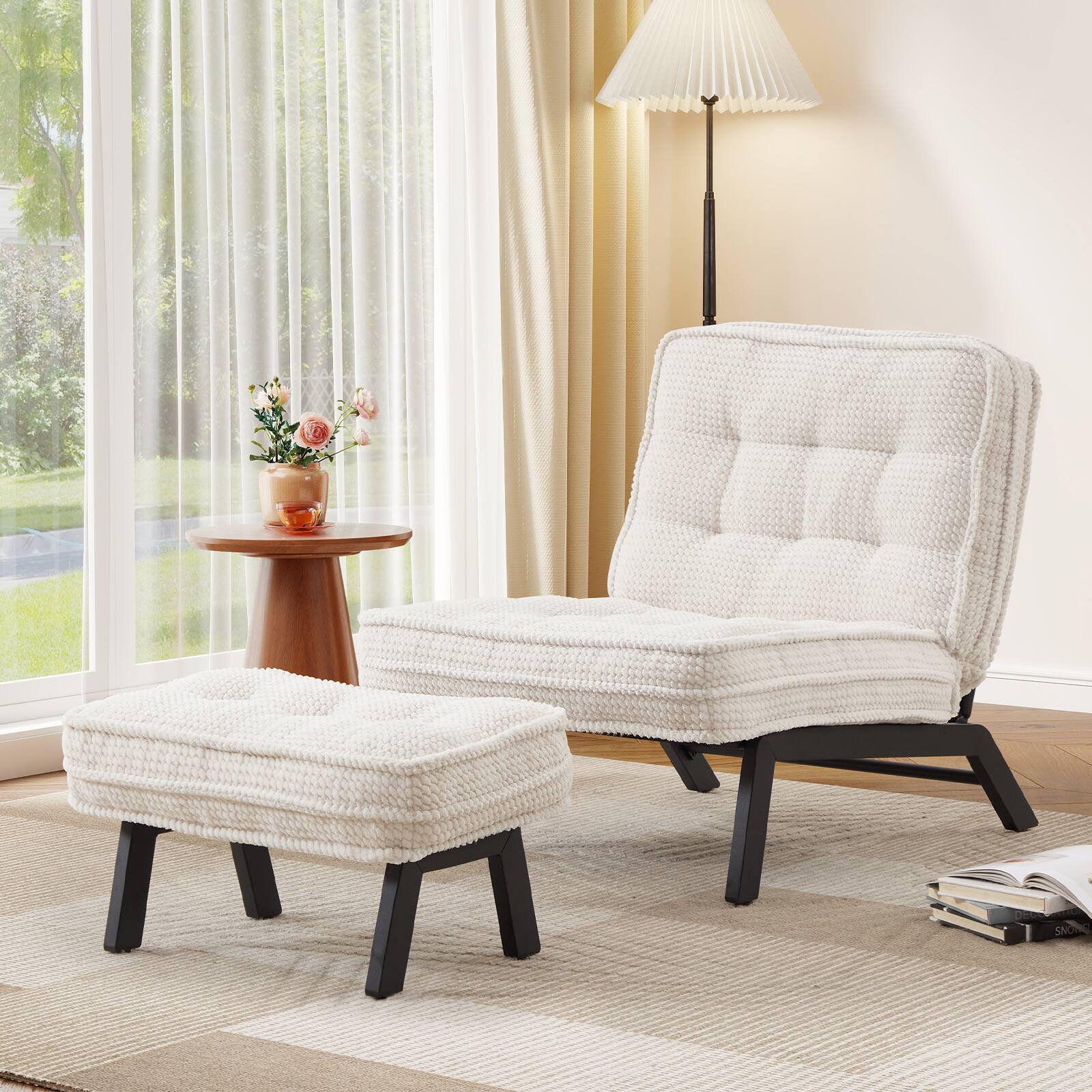 Angle. Bestier - Accent Chair with Adjustable Backrest, Tufted Lounge Chair with Ottoman, Upholstered Reclining Chair for Reading Room - White.