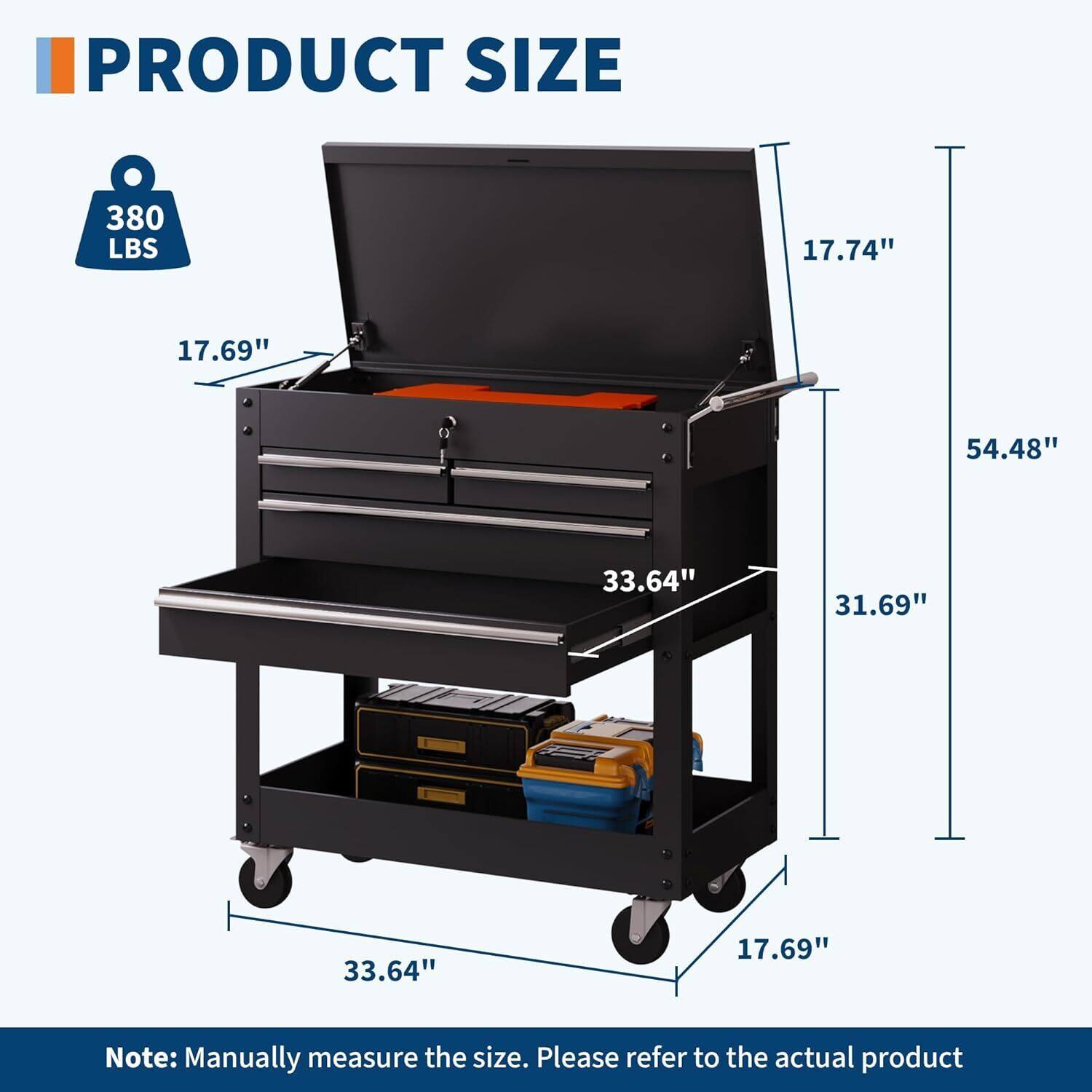 PRODUCT SIZE

380 LBS

- Height: 54.48"
- Width: 33.64"
- Depth: 31.69"
- Drawer Height: 17.74"
- Drawer Width: 17.69"
- Shelf Height: 17.69"
- Shelf Width: 33.64"

Note: Manually measure the size. Please refer to the actual product.