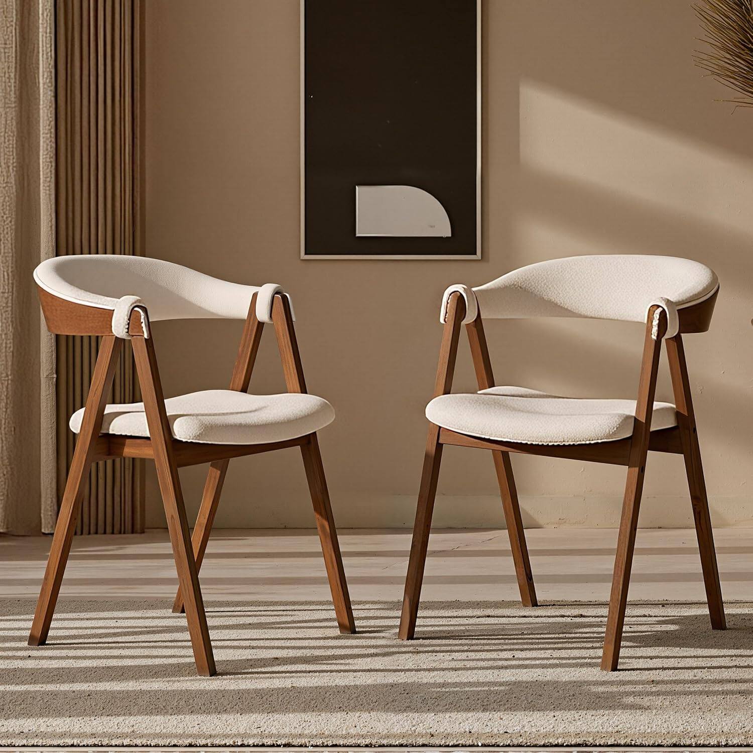 Front. Acanva - Mid-Century Modern Barrel Wooden Dining Chairs Set of 2, Fleece Upholstered Kitchen Accent Chair with Curved Back, Brown - Walnut and Ivory.