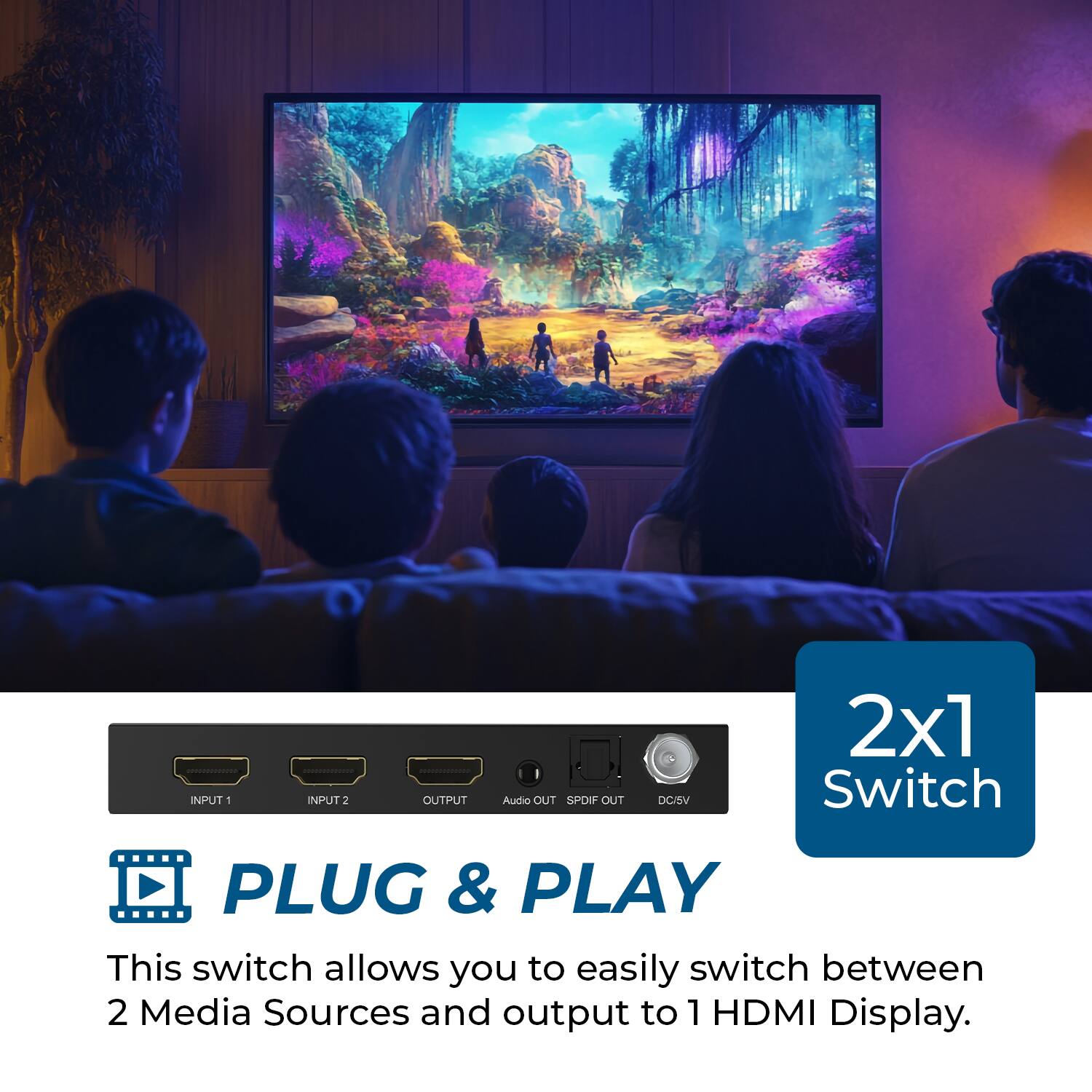 INPUT 1 INPUT 2 OUTPUT Audio OUT SPDIF OUT DC/S 2x1 Switch PLUG & PLAY This switch allows you to easily switch between 2 Media Sources and output to 1 HDMI Display.