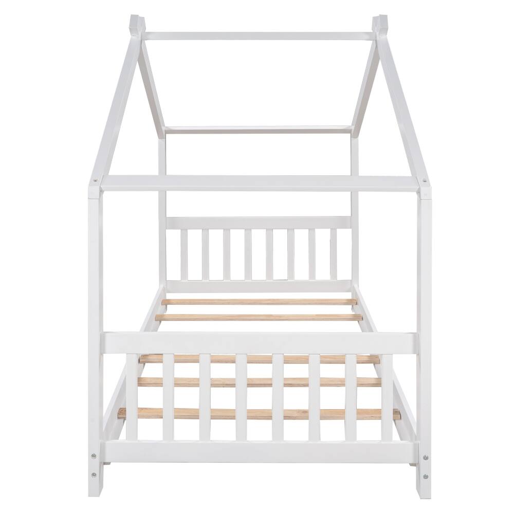 Alt View 4. Loheer - Loheer Twin House Bed White Platform Bed with Roof Design - White.