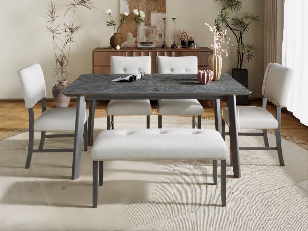 Back. Bestier - 60in Dining Table Kitchen Retro Table for 4-6 People, Large Wooden Rectangular Dinner Table for Dining Living Room - Gray.