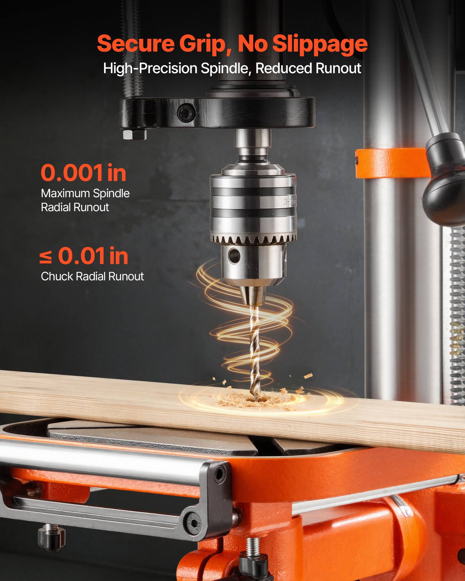 Secure Grip, No Slippage  
High-Precision Spindle, Reduced Runout  
0.001 in Maximum Spindle Radial Runout  
≤ 0.01 in Chuck Radial Runout