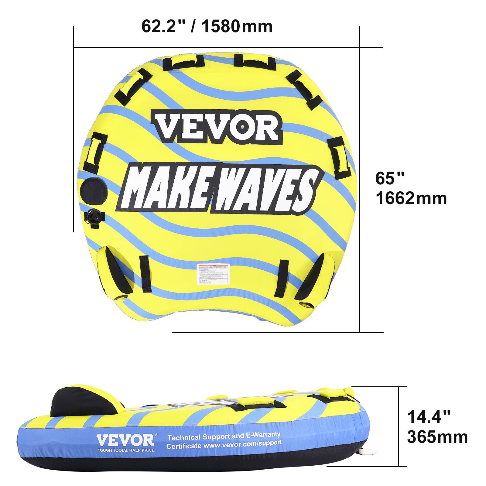 62.2" / 1580mm, 65" / 1662mm, 14.4" / 365mm, VEVOR MAKE WAVES, Technical Support and E-Warranty, VEVOR, www.vevor.com/support, Certificate, TOUGH TOOLS HALF PRICE