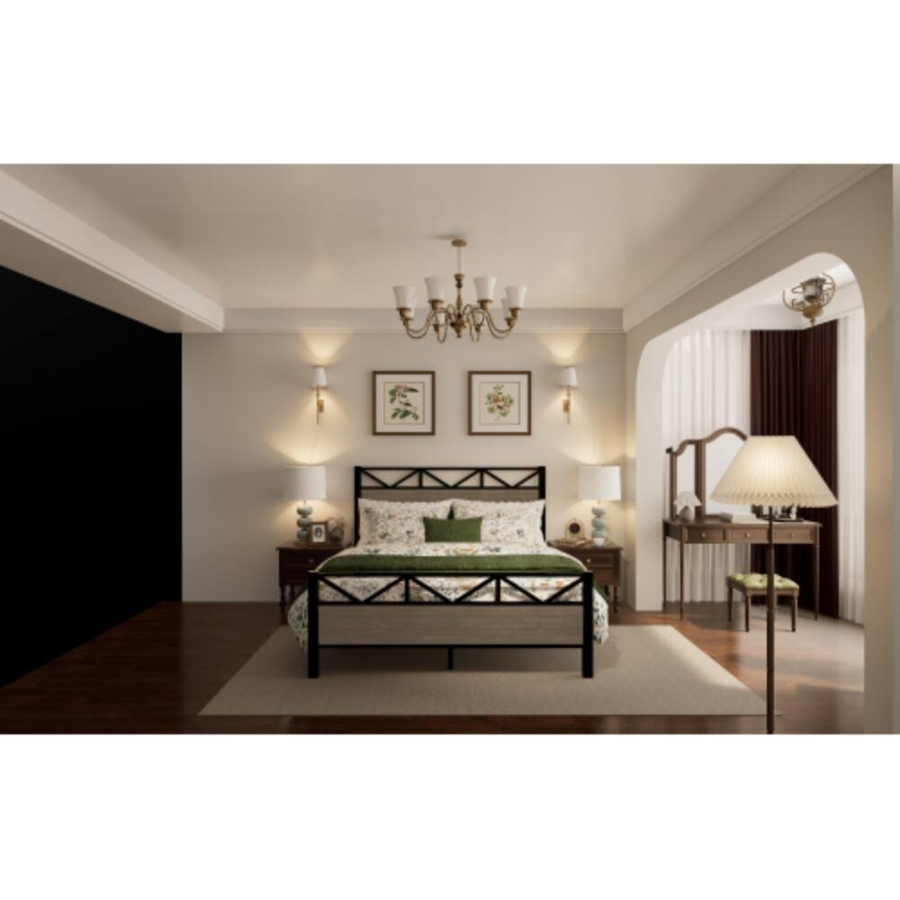 Back. LUCKY ONE - Full Size Bed Frame with Industrial Style Headboard and Footboard, Metal Slats, No Box Spring Needed, Easy Assembly - Black+Brown.
