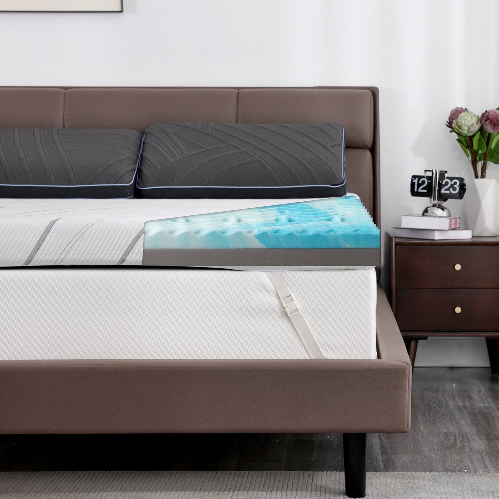 Back. Vipbear - Vipbear 4" King Size Extra Firm Mattress Topper with Ice Silk Cover, Premium Cooling Gel+Bamboo High Density Memory Foam - White.