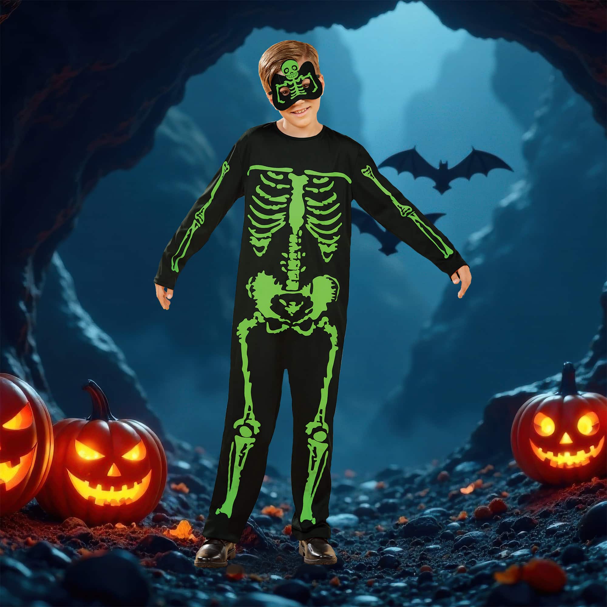 Northlight - Black and Skeleton Boy Child Halloween Costume - Medium - Green