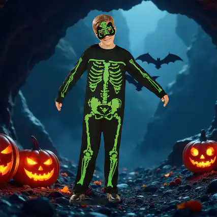 Front. Northlight - Black and Green Skeleton Boy Child Halloween Costume - Medium - Green.