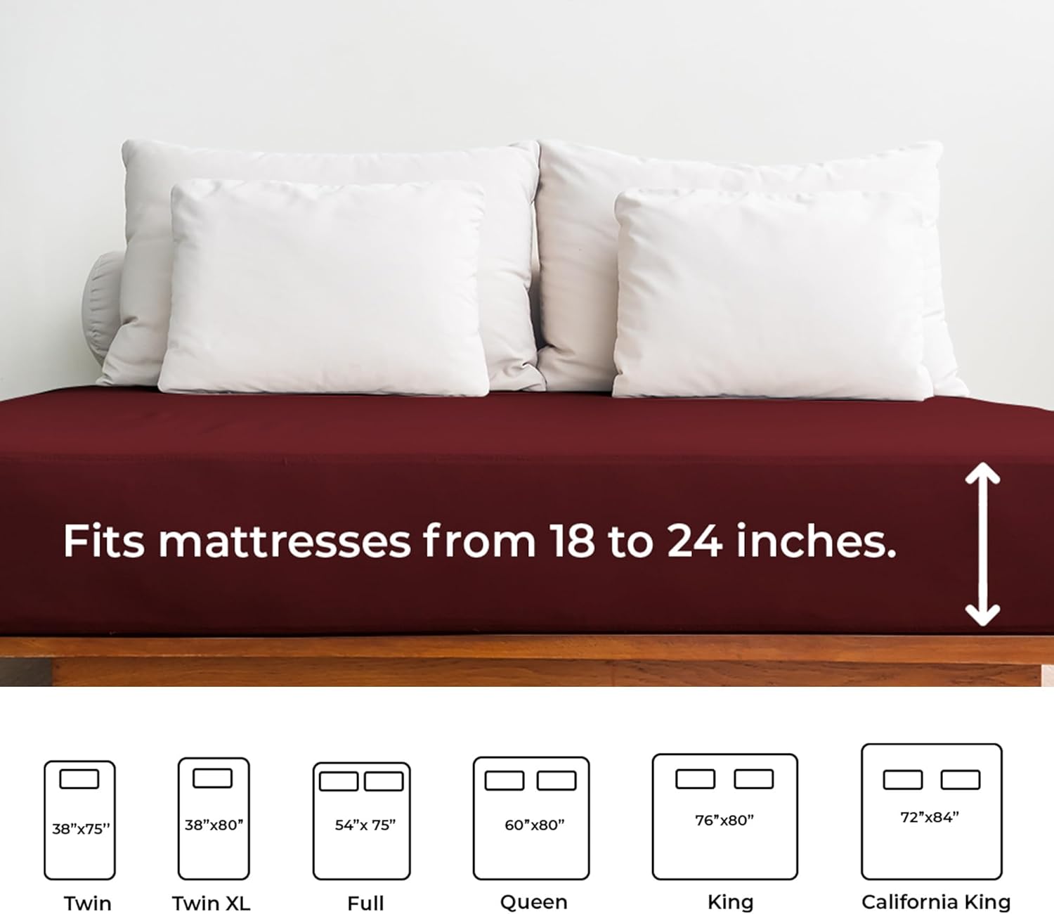 Fits mattresses from 18 to 24 inches.

38"x75"  
38"x80"  
54"x75"  
60"x80"  
76"x80"  
72"x84"  

Twin  
Twin XL  
Full  
Queen  
King  
California King