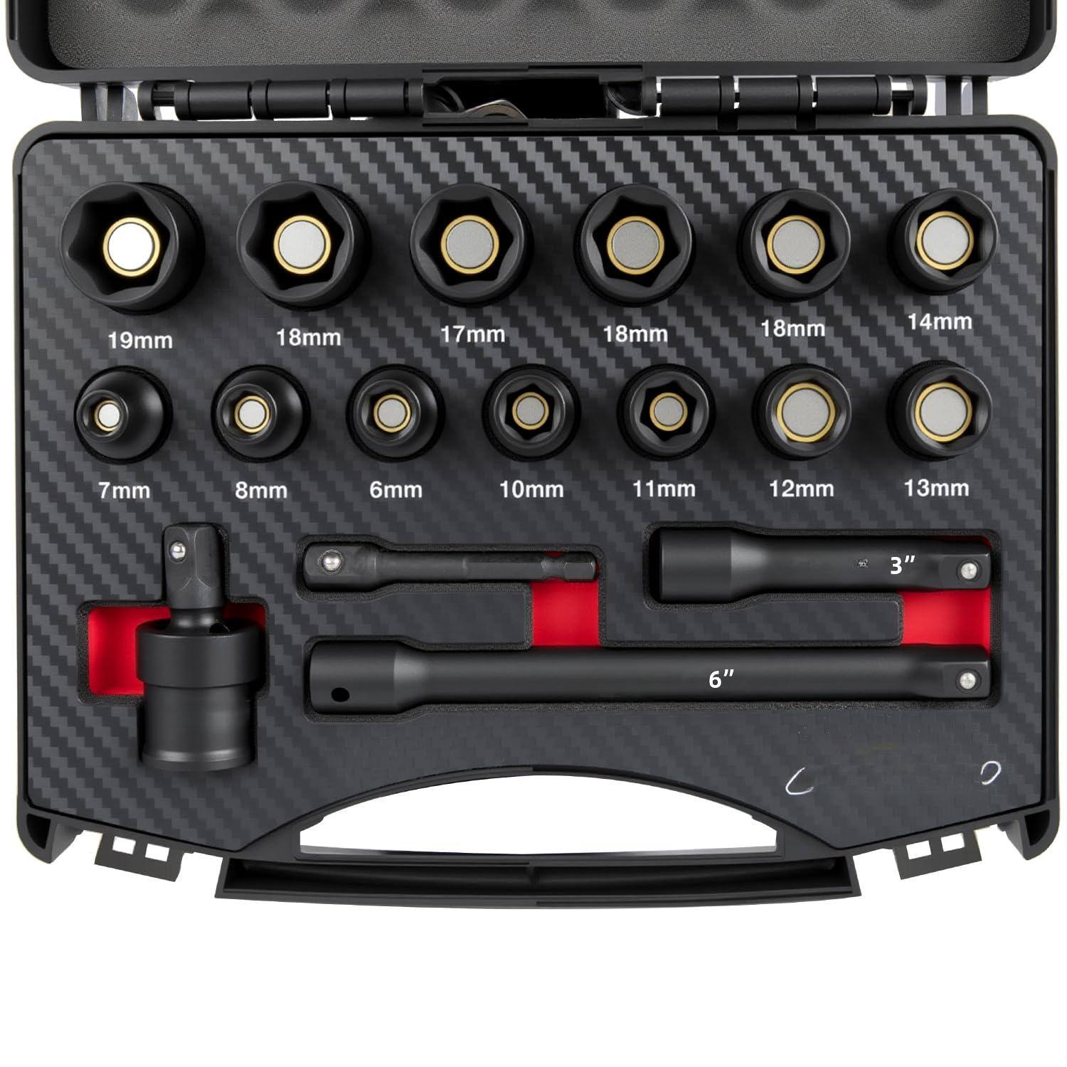 AKM TOOL 3/8" Drive Magnetic Impact Socket Set - 17-Piece Metric (7mm-19mm) With Extensions & Adapter - View #6