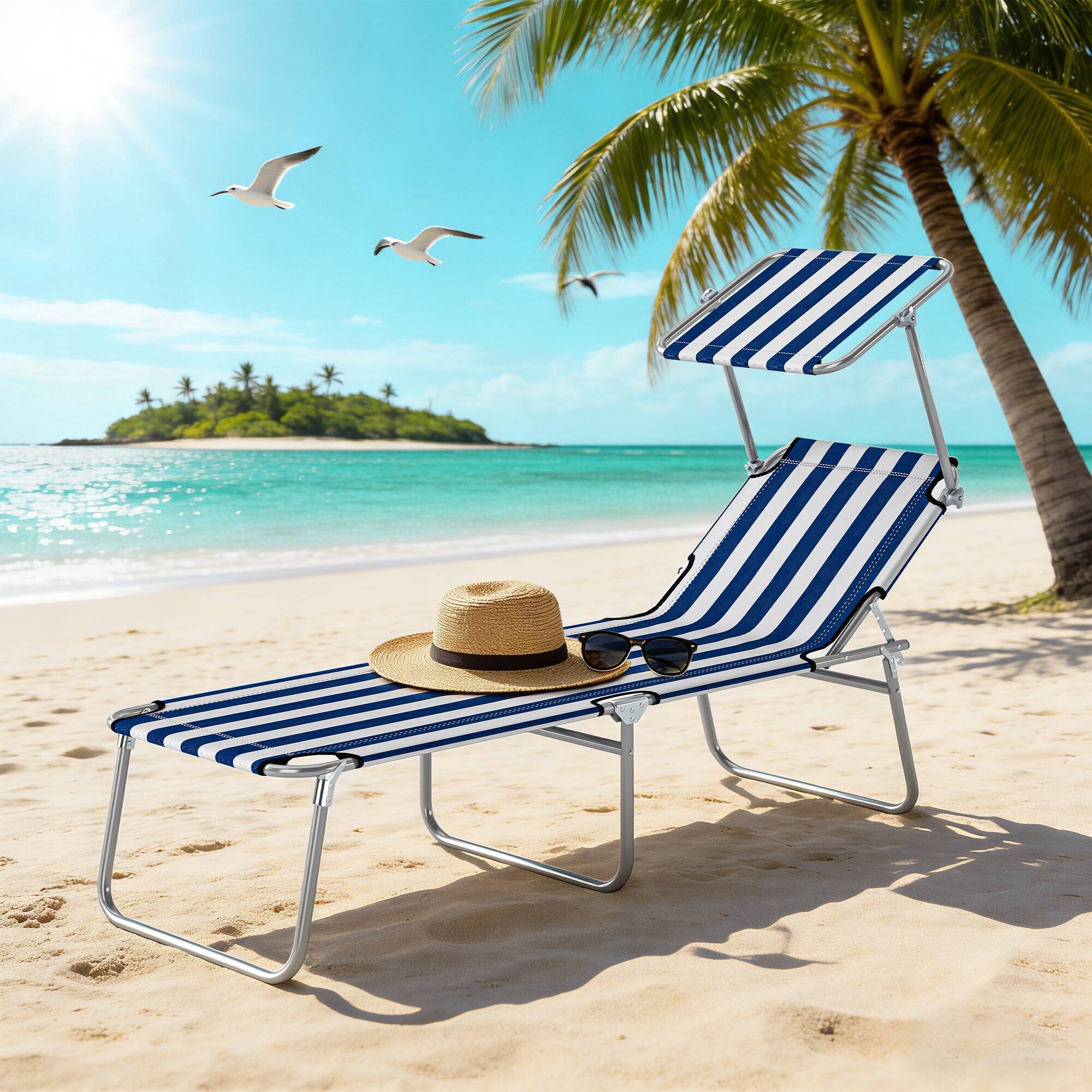 Alt View 8. Outsunny - Outdoor Lounge Chair, Adjustable Folding Chaise Lounge, Tanning Chair with Sun Shade for Beach, Camping, Hiking - Blue and White.