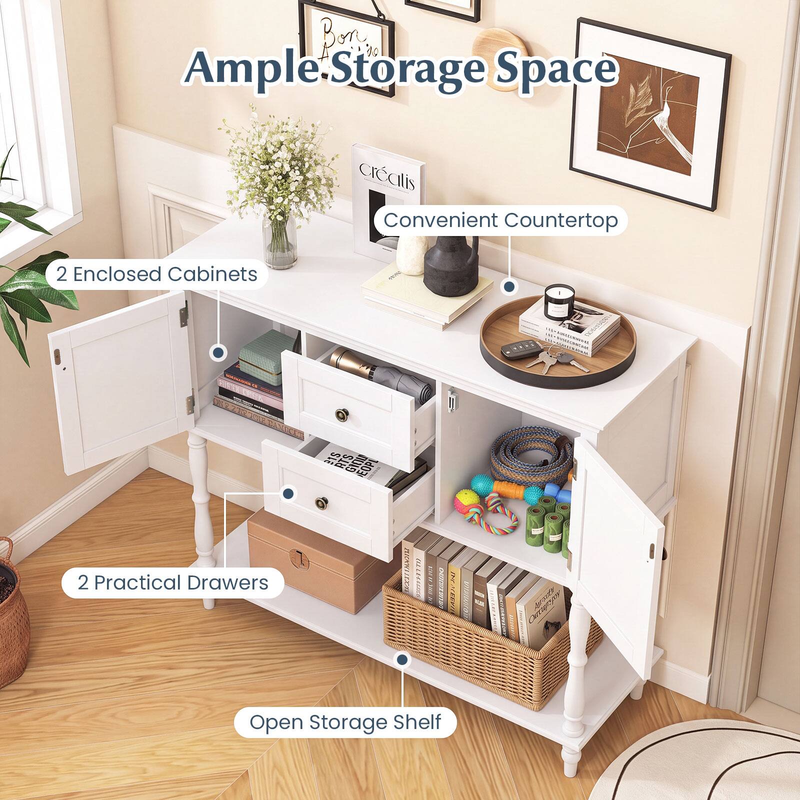 Berry 30 Ample Storage Space  
Convenient Countertop  
2 Enclosed Cabinets  
2 Practical Drawers  
Open Storage Shelf