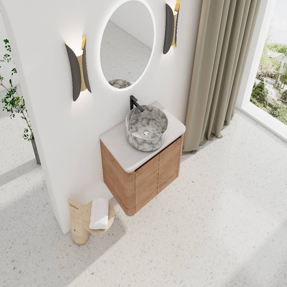Alt View 2. Loheer - Loheer 30 inch wall mounted bathroom vanity with ceramic vessel sink, modern bathroom vanity, Imitative Oak - Imitative Oak.