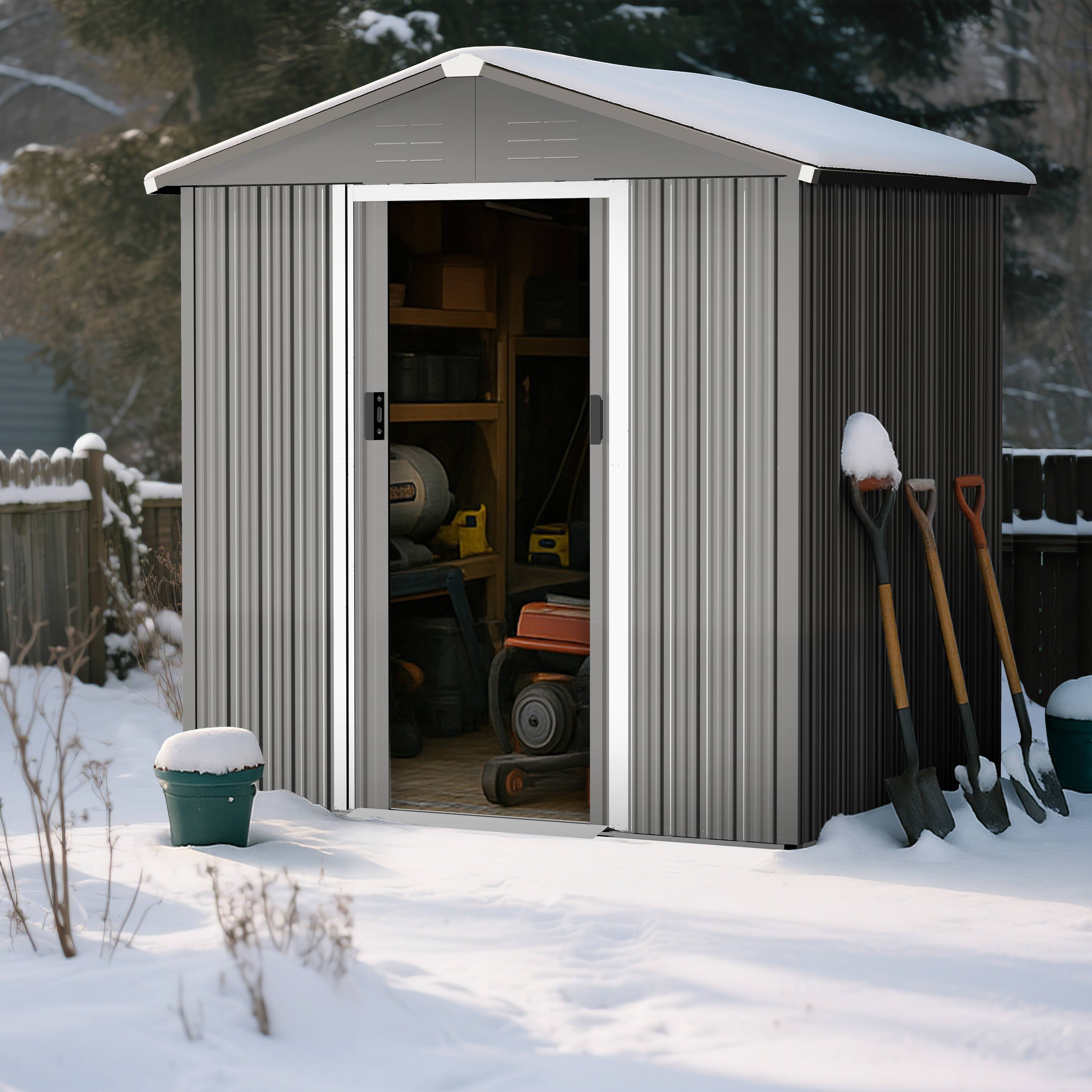Alt View 7. Nuu Garden - Garden Storage Shed Galvanized Sheet Tool Shed with Sliding Doors - Light Gray.